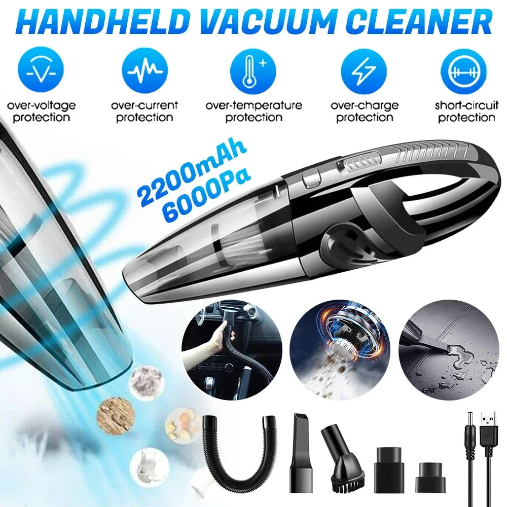 Portable Wireless Vacuum Cleaner 6000pa Powerful Suction Rechargeable Handheld Vacuum Cleaner Quick Charge for Car Home Pet Hair