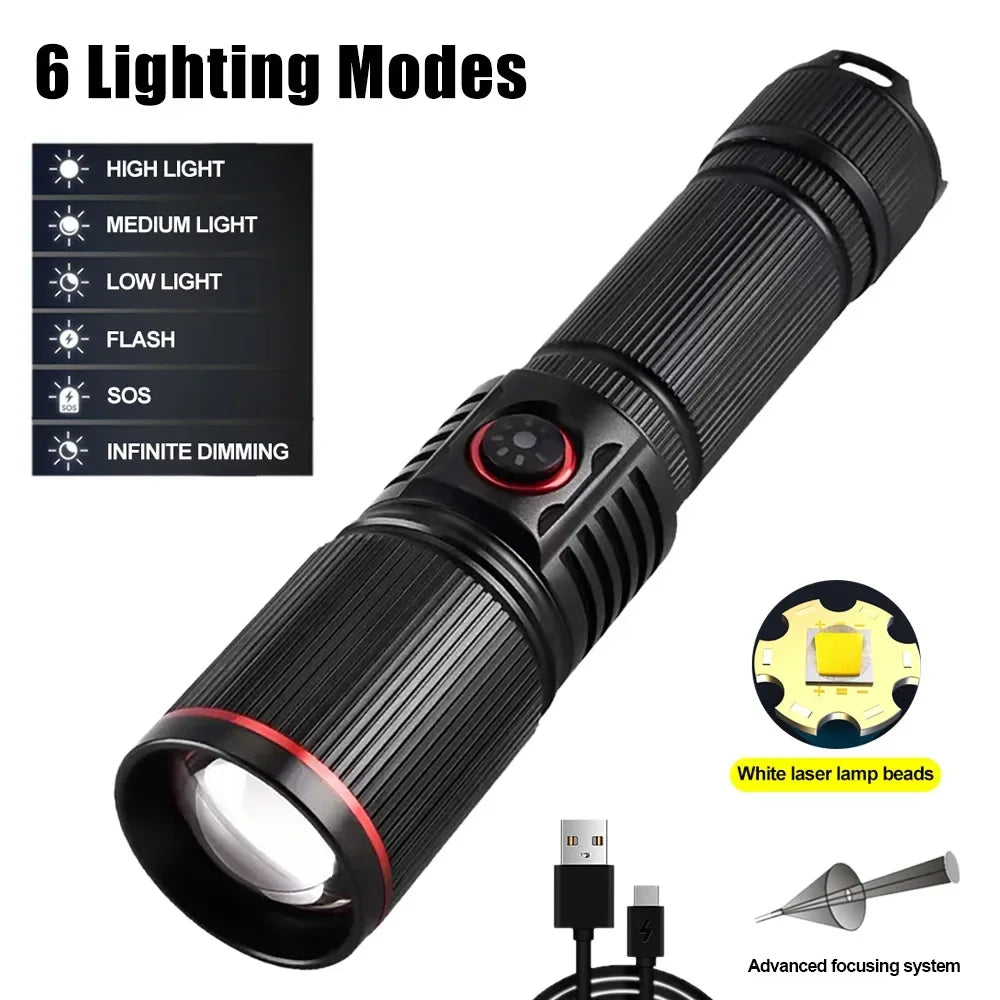 Aluminum Alloy White Laser Powerful LEP Flashlight 18650 or 21700 Battery Zoom Torch Light Lamp with Tail Rope Power Indicator