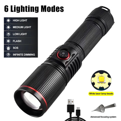 Aluminum Alloy White Laser Powerful LEP Flashlight 18650 or 21700 Battery Zoom Torch Light Lamp with Tail Rope Power Indicator
