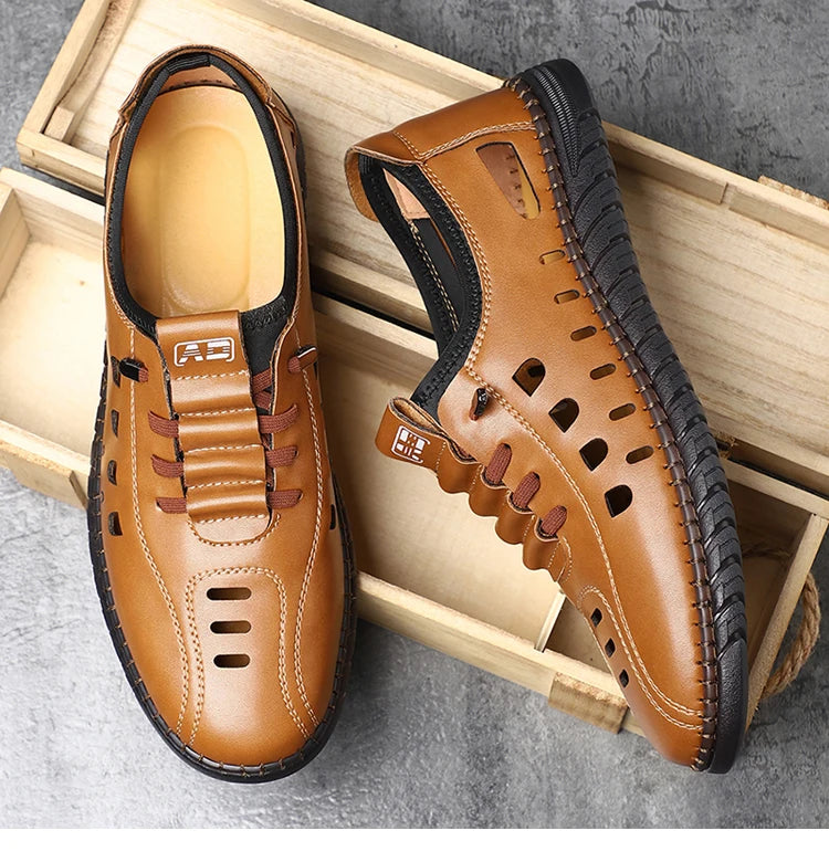 Men's Comfortable Breathable Business Hollow Loafers Slip-On Soft Bottom Sandals Easy Wear Hole Hole Shoes-HT2273