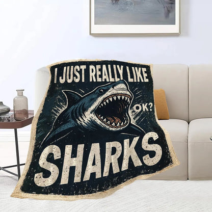 Vintage Grunge Great White Shark Letter Print Flannel Throw Blanket, Soft Warm Sofa Cover, Ocean Gift For Bedroom Daily Rest Use