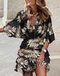 Women's Sport Dress V-Neck Loose Batwing Sleeve Elastic Waist Printed Dress Mini Casual Ruffle Hem Dresses