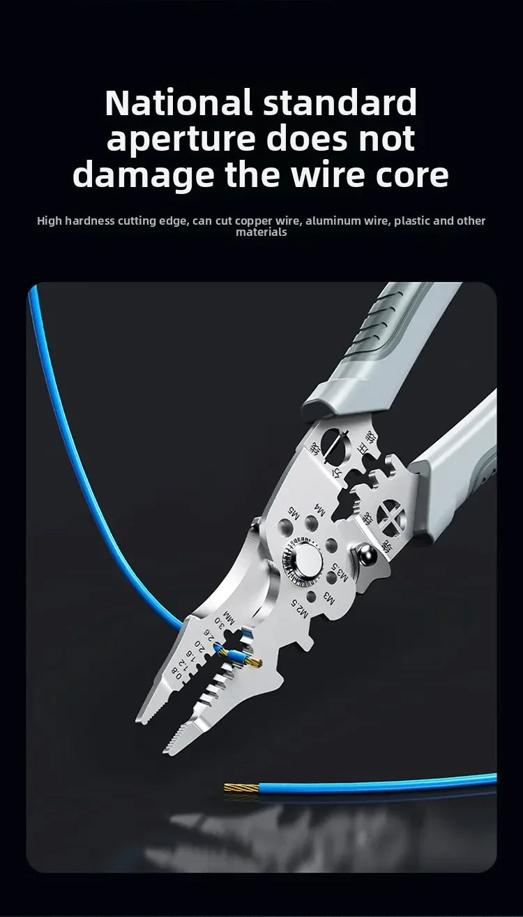 Ergonomic Grip Stainless Steel Electric Plier 8.5" Multi-purpose Wire Stripping Cutting Crimping Hand Tool