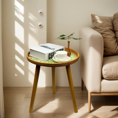 Rattan Round End Table, Boho Side Table for Living Room with Mother of Pearl Inlay, Small Coffee Table Wicker Bedsid Table