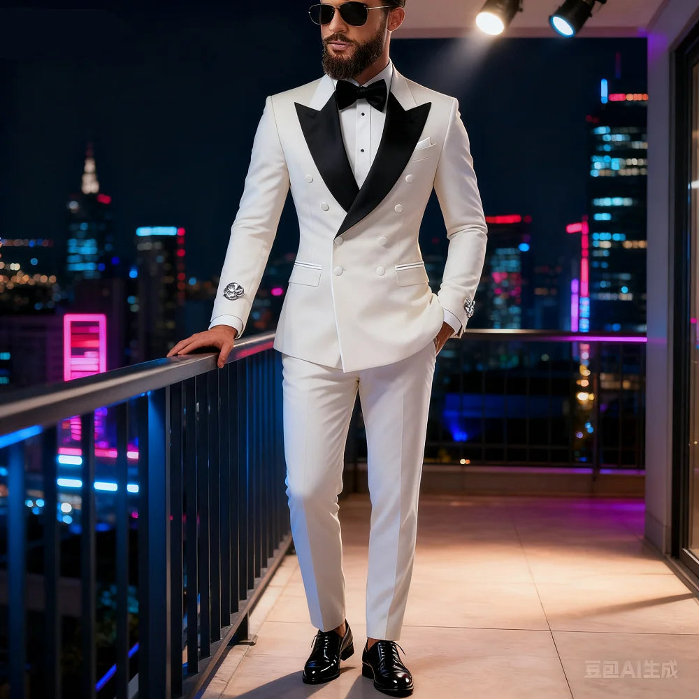 2-Piece Men's Casual Smolking Set with White Lapel Blazer And Black Pants Wedding Groomsmen Suit for Ceremony And Festa