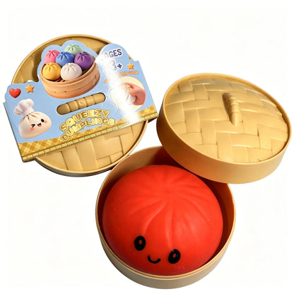 Colorful Dumpling Squishes Stress Balls Fidget Sensory Toys Simulation Food Squishies Bun with Steamer Squeeze Dough Ball Gifts