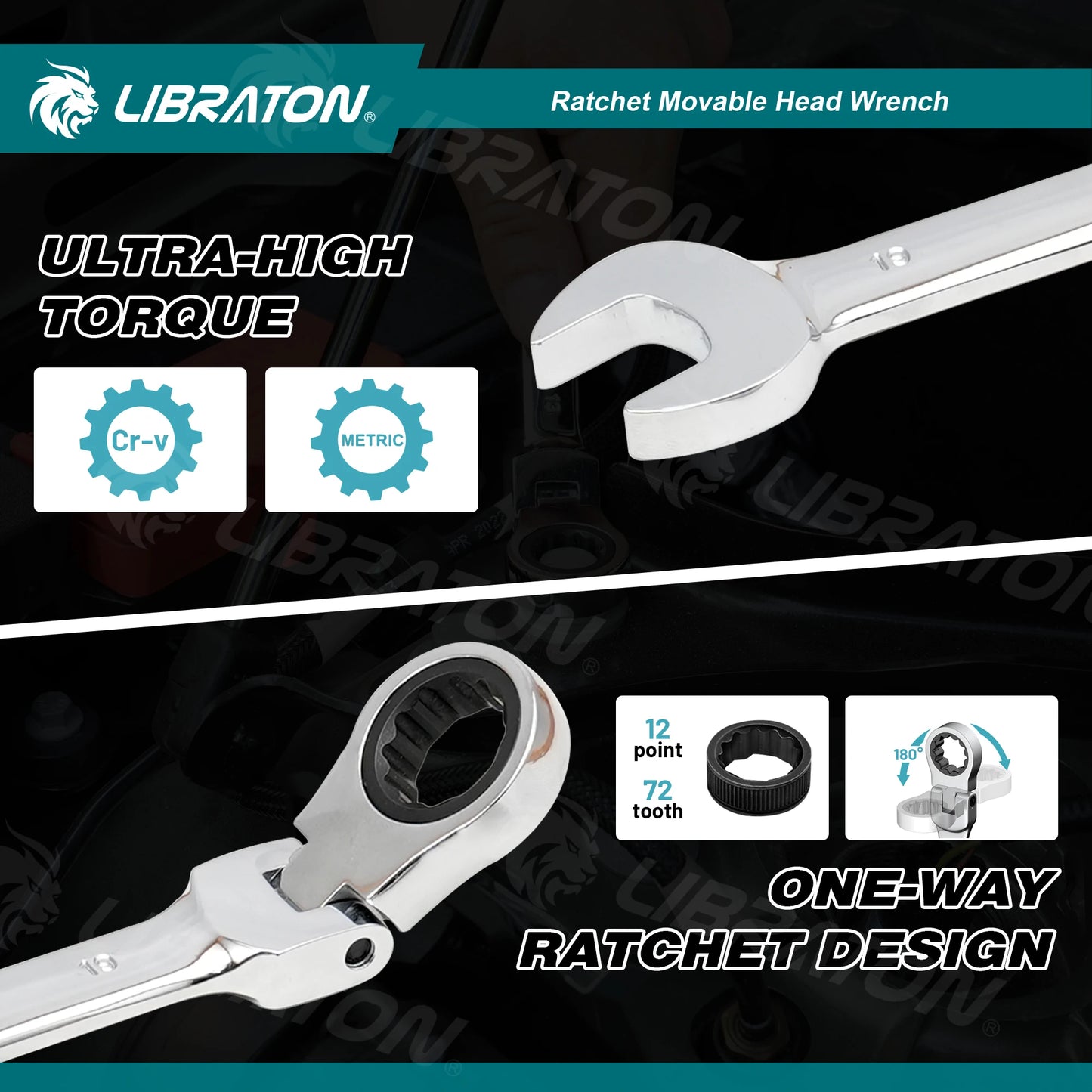 LIBRATON1pc Ratchet Wrench 6mm-19mm, Ratcheting Flexible Head Wrench Set, Reversible Spanner Hand Tool, 72-Tooth Allen Wrench