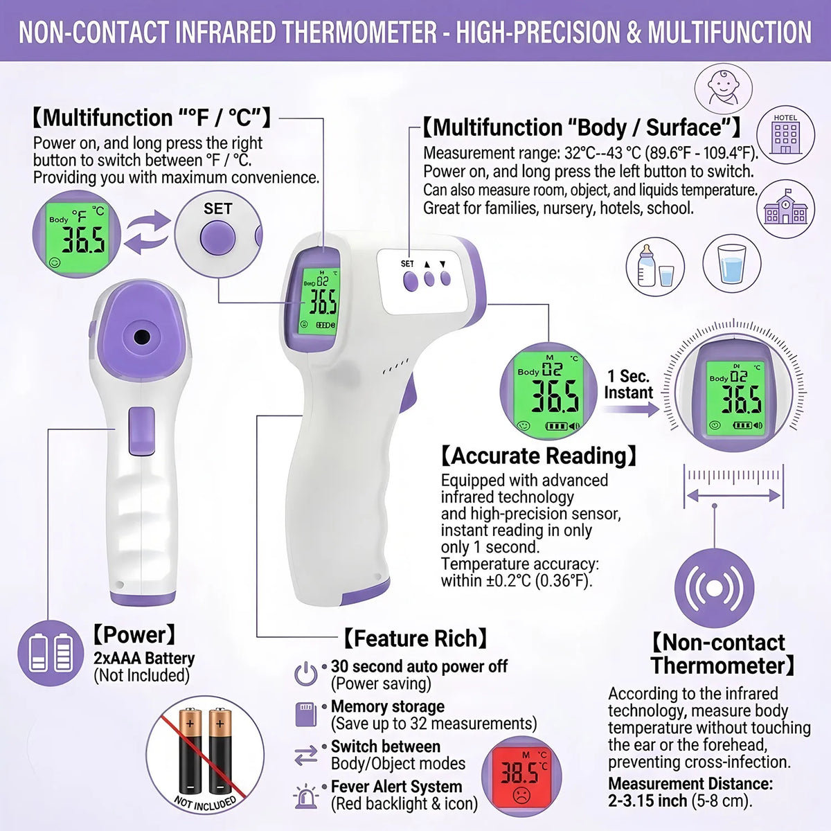 Portable Non-contact Infrared Thermometer for Forehead Infant Adult Medical Digital Display Body Health Measurement Device