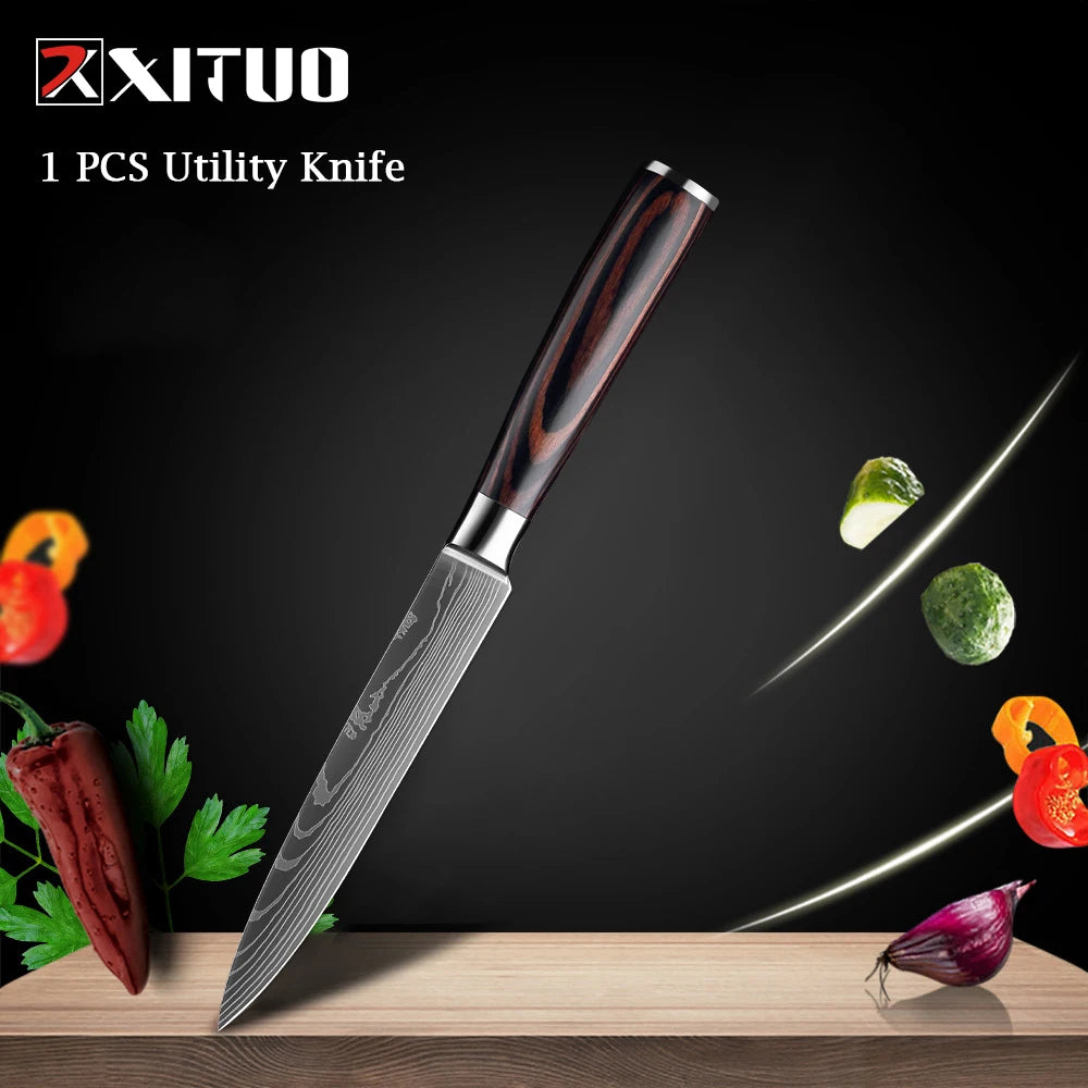 XITUO Chef knife 1-10Pcs Kitchen Knives Set Laser Damascus Pattern Ultra-Sharp Santoku Knife Cleaver Slicing Utility Fruit Knife