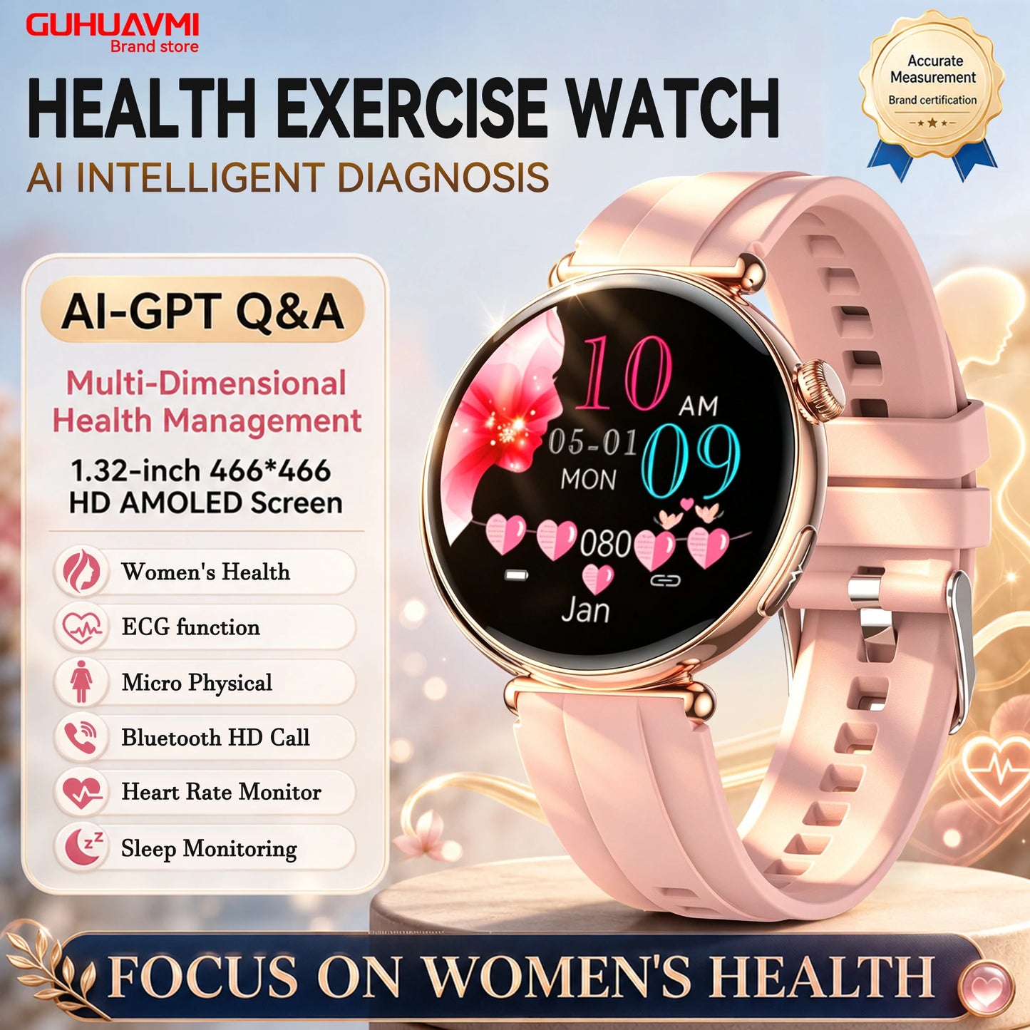 2026 New Women's Health Care Smartwatch ECG Blood Pressure Uric Acid Blood Lipids Sports IP68K Bluetooth call Fashion Smartwatch