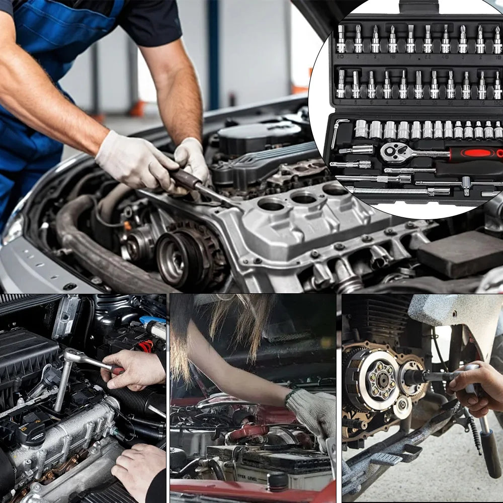 46pcs Family Tools 1/4 Inch Drive Socket Ratchet Wrench Set Complete Car Repair Kit for Motorcycle and Bicycle Maintenance Tools
