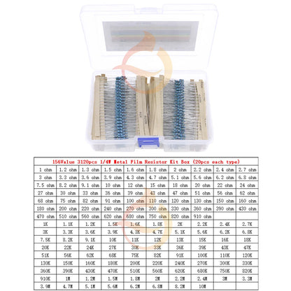 1/8W 1/4W 1/2W 1W 2W 3W 0Ω~10MΩ 1% Metal Film Resistor Resistance Assortment Kit With box