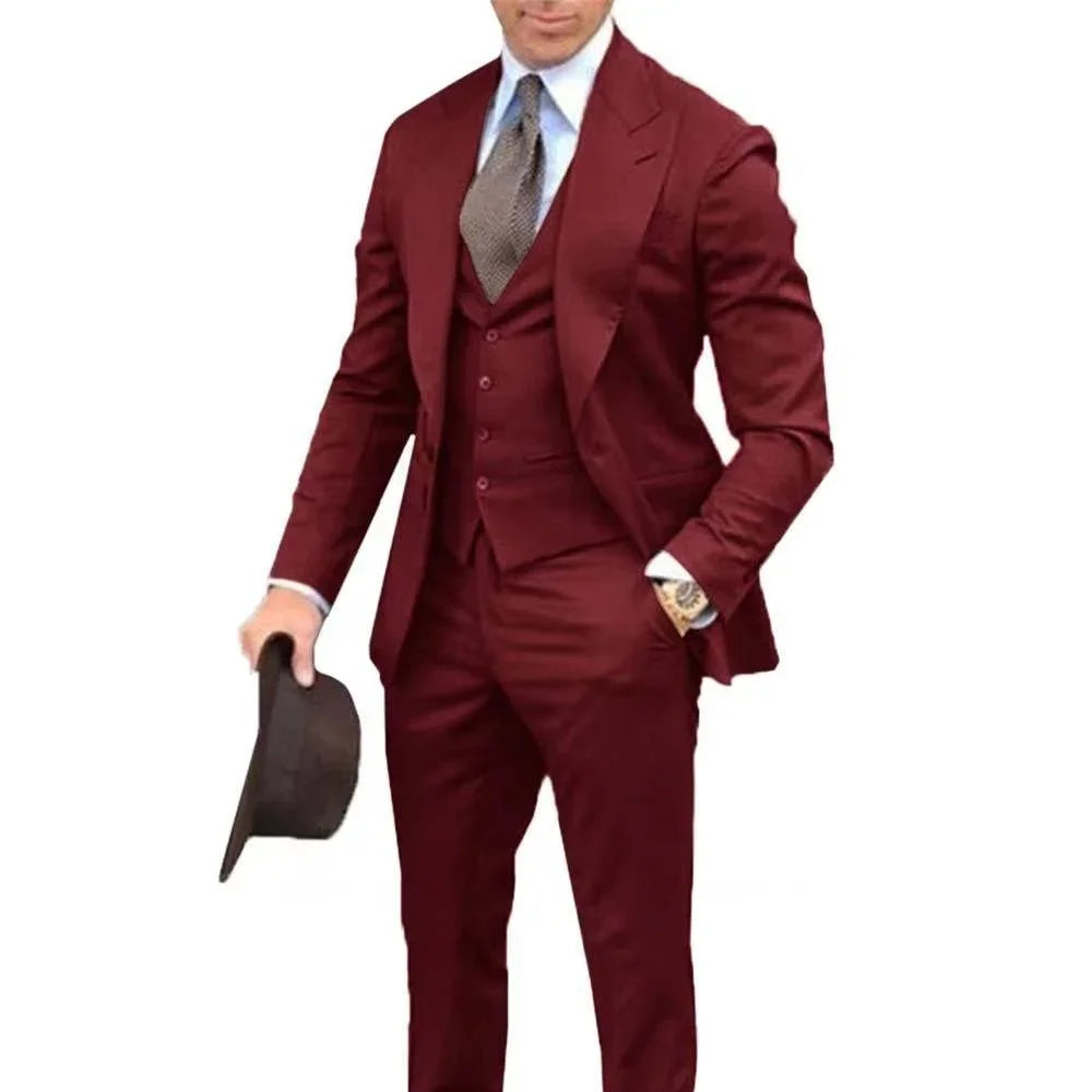 Purple Suit Men Business Tuxedos Formal 3 Pieces Set Jacket Vest Pants Single Breasted Groom Groomsman Prom Wedding Party