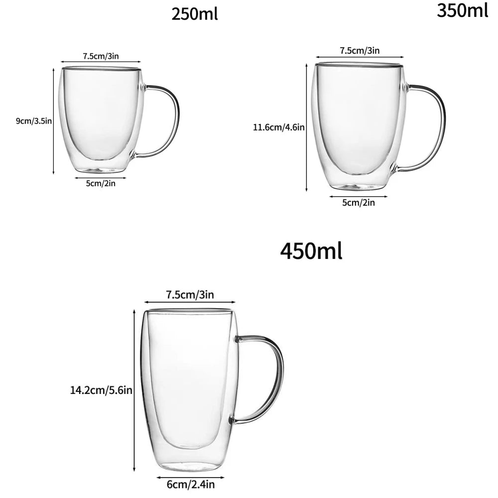 1pack 250/350/450ml Glass Coffee Mug with Handle Double-Walled Glass Cup For Cold or Hot Water Juice Milk Coffee Whiskey