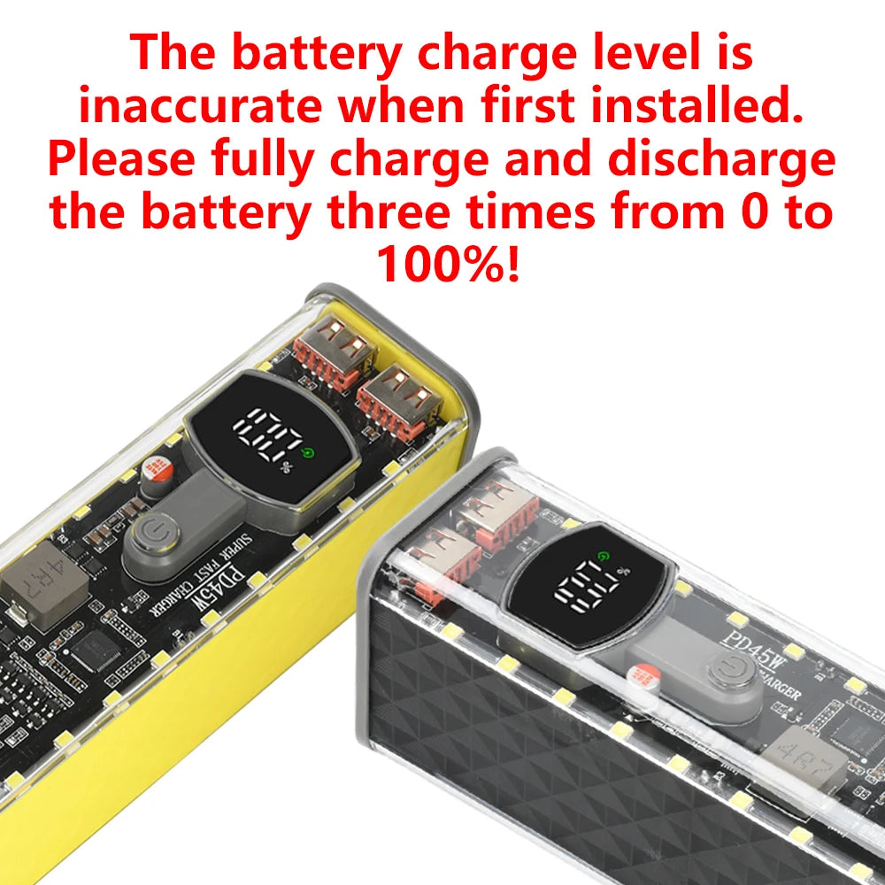 22.5W/45W 18650 Power Bank Case Fast Charging DIY Transparent Battery Storage Box Digital Display USB Type-C Battery Holder