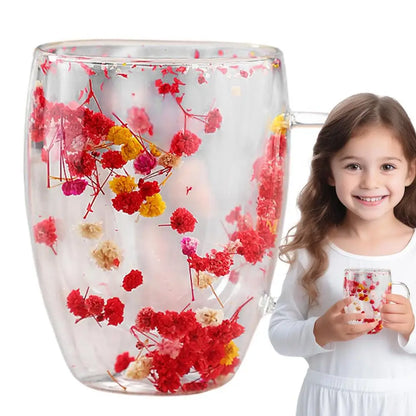 Insulated Layer Flowers Coffee Cup Double Walled Glass Coffee Mug Handle Anti-Scald Glass Mugs Dried Flowers Heat Insulation cup