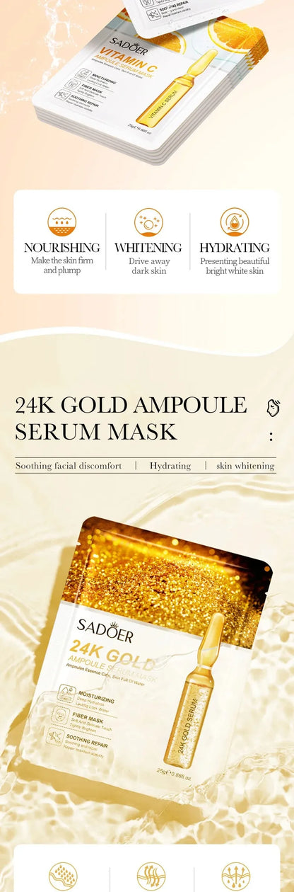 10-Piece Set Sadoer 24K Gold Vitamin C Hyaluronic Acid Mask Moisturizing Firming Hydrating Facial Care Mask Skincare Products