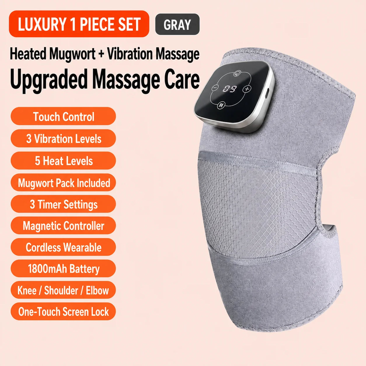 Cordless Heated Knee Massager, 5 Heat Levels 3 Vibration Levels, Magnetic Controller, Mugwort Wrap for Knee Shoulder Elbow Brace