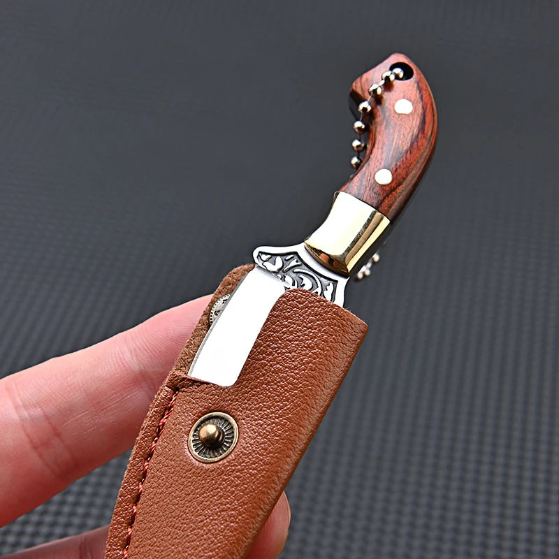 Portable Mini Knife Brass Wood Unboxing Hollow Blade EDC Fixed Blade Leather Cover Cutter Outdoor Surivival Tools Gift