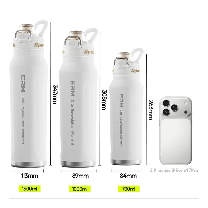 1L Stainless Steel Thermos Bottle, Iced & Heat Insulated Cup, Hiking Cycling Fitness Vacuum Flask with Handle