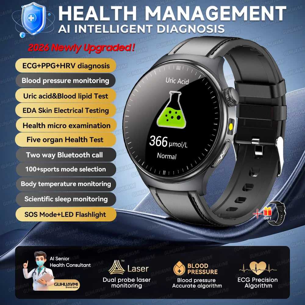2026 New AI-Diagnosis Care Smartwatch ECG+PPG Accurate Uric Acid Blood Pressure Body Fat Five Organ Fitness Waterproof Smartwatc