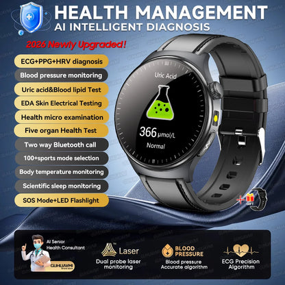 2026 New AI-Diagnosis Care Smartwatch ECG+PPG Accurate Uric Acid Blood Pressure Body Fat Five Organ Fitness Waterproof Smartwatc
