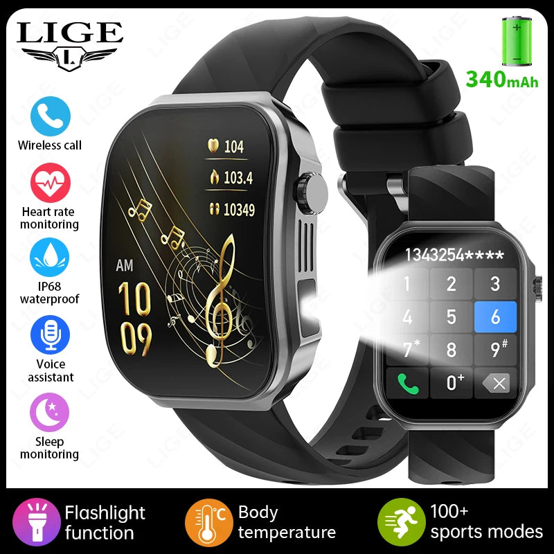 LIGE Nowy smartwatch z zakrzywionym ekranem 3D o przekątnej 2,2 cala z podświetleniem LED, termometrem, monitorem zdrowia, połączeniami BT i funkcjami sportowo-fitnessowymi