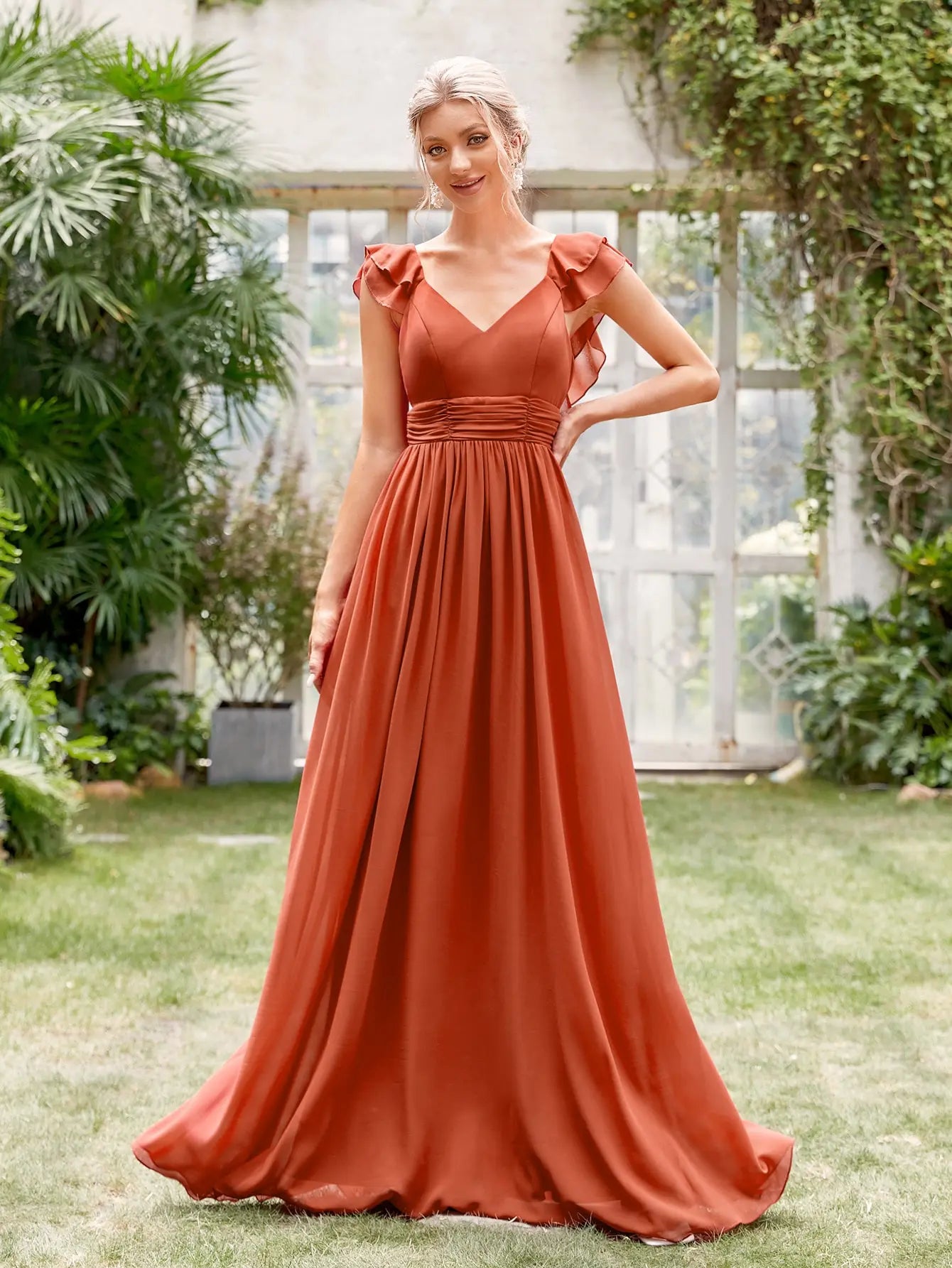 Mgiacy V-neck cap sleeve ruffle lace Extra long evening gown Ball dress Party dress Bridesmaid dress