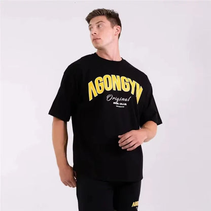 Men's White Oversized Gym T-Shirt, Agongym Bold Letter Graphic Print, Casual Workout Streetwear Tee for Lifting
