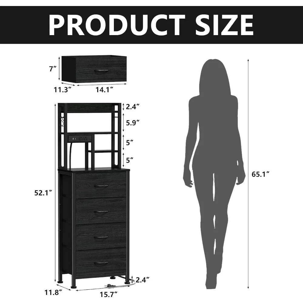 Set of 2 Tall Nightstands With Charging Station & USB Ports, 4 Fabric Drawers & LED Lights, Custom