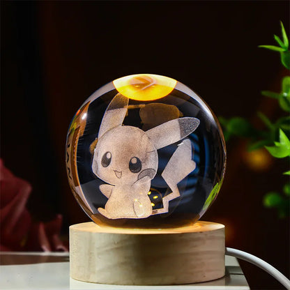 6CM Pokemon 3D Crystal Ball Figure Toy Anime Gengar Rayquaza Pikachu Lugia Vaporeon Glass Ball Model Night Light Room Decoration