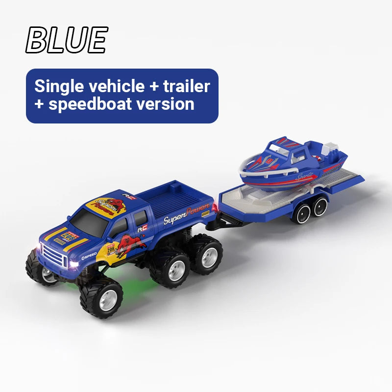 JJRC 1:64 Mini 6-Wheel Alloy RC Offroad Pickup Truck With Trailer & Speedboat Full Proportional Remote Control Car Boys Gift Toy