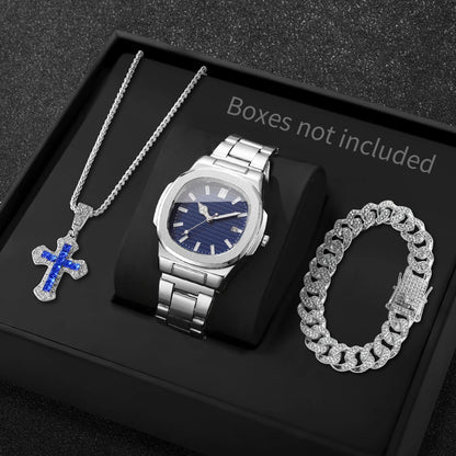 3PCS Fashion Men Business Watches Bracelet Necklace Set Square Dial Stainless Steel Band Quartz Watch with Calendar（Without Box）