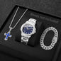 3PCS Fashion Men Business Watches Bracelet Necklace Set Square Dial Stainless Steel Band Quartz Watch with Calendar（Without Box）