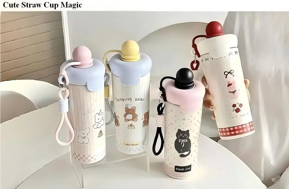 Cute Cat Thermal Water Bottle With Straw Bow Sticker Stainless Steel Thermos For Hot Cold Water Coffee Tea Thermal Cup 600ml