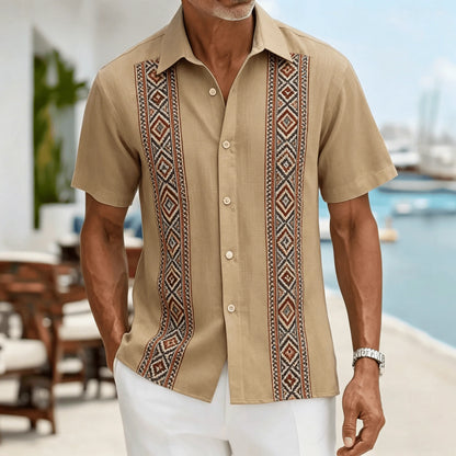 Men's Light Blue Geometric Ethnic Pattern Short Sleeve Shirt, Retro Bohemian Design, Casual Spring Summer Wear