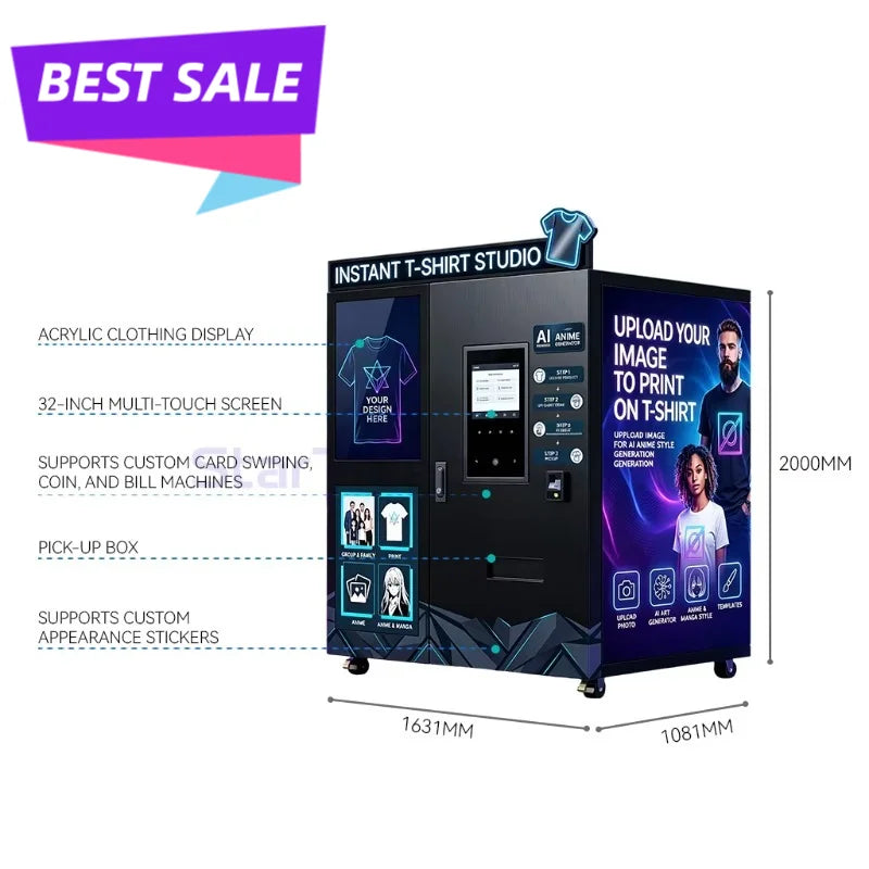 Smart Clothing Vending Machine Personalized Fashion AI Customizer DIY Garment Design Kiosk On Demand T Shirt Hoodie Production