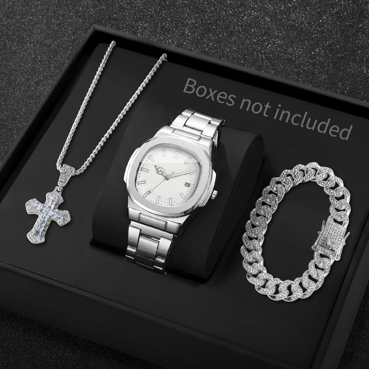 3PCS Fashion Men Business Watches Bracelet Necklace Set Square Dial Stainless Steel Band Quartz Watch with Calendar（Without Box）