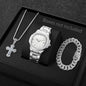 3PCS Fashion Men Business Watches Bracelet Necklace Set Square Dial Stainless Steel Band Quartz Watch with Calendar（Without Box）