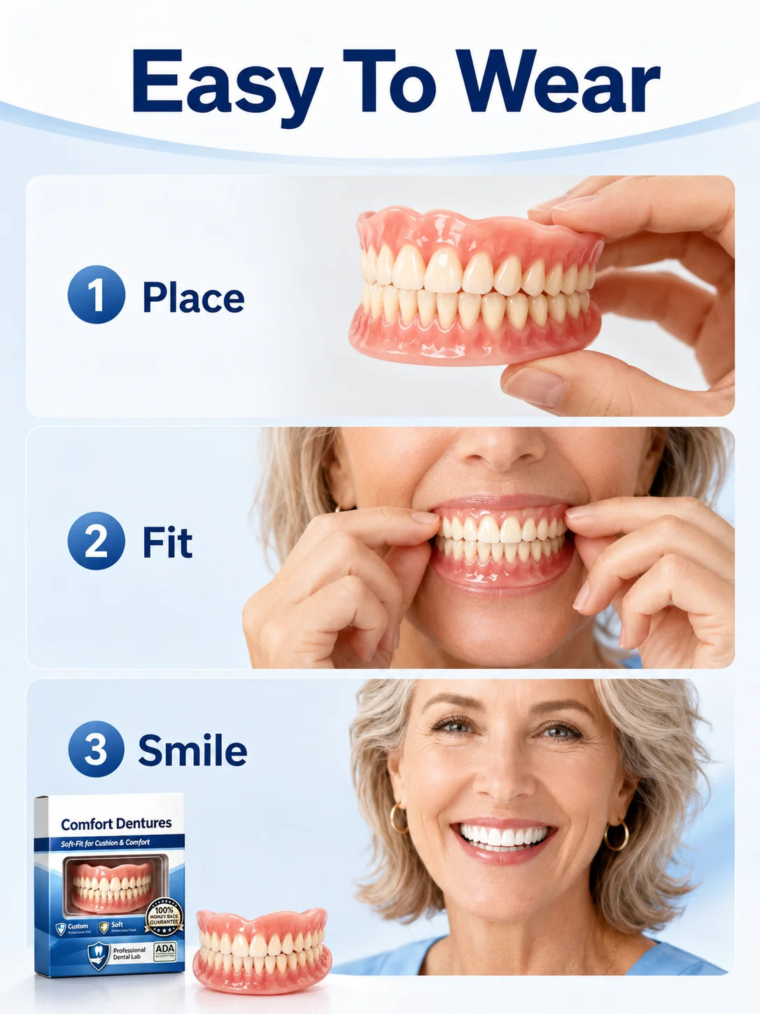 Full Mouth Silicone Dentures Upper And Lower Fake Teeth Natural Looking Comfortable Fit Removable False Teeth For Daily Wear