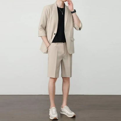 KIDWHXR Summer Men Outfit Thin Breathable Solid Color Male 2-piece Suit Set Loose Business Casual Man Short Sleeve Suits