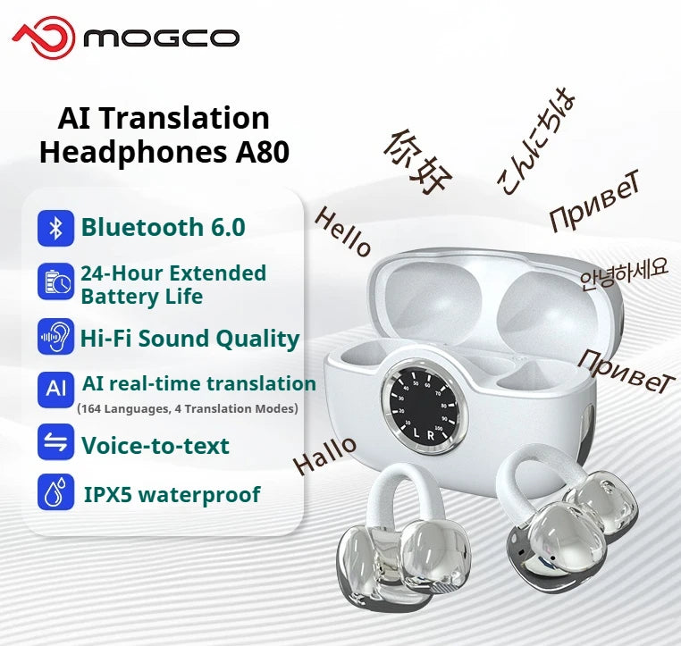 A80 Newest AI Translation Headphones Wireless Bluetooth 6.0 Earbuds 164 Languages Real-Time Translator Noise Cancelling