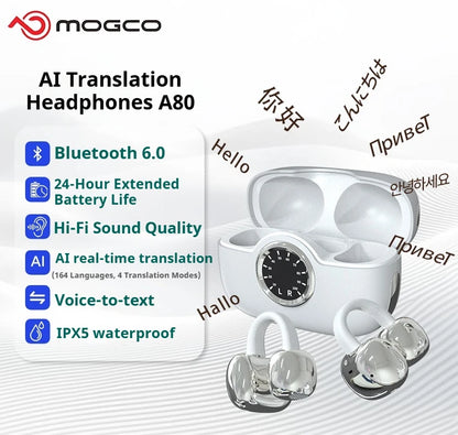 A80 Newest AI Translation Headphones Wireless Bluetooth 6.0 Earbuds 164 Languages Real-Time Translator Noise Cancelling