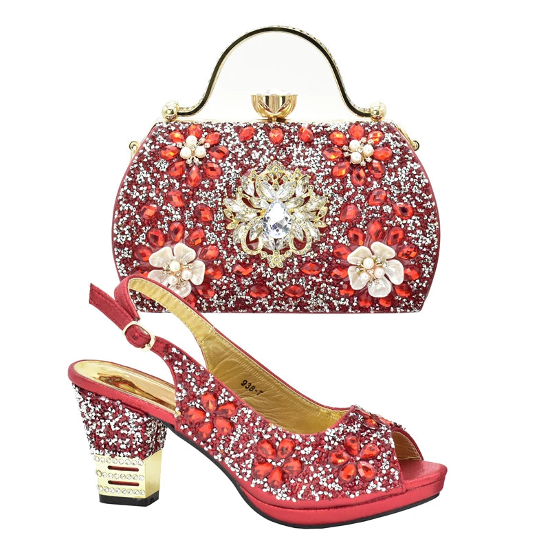 Italian Women Wedding Shoes and Bag Set Decorated with Rhinestone Africa Shoe and Bag Set Plus Size Heels 43 Wedding Shoes Bride