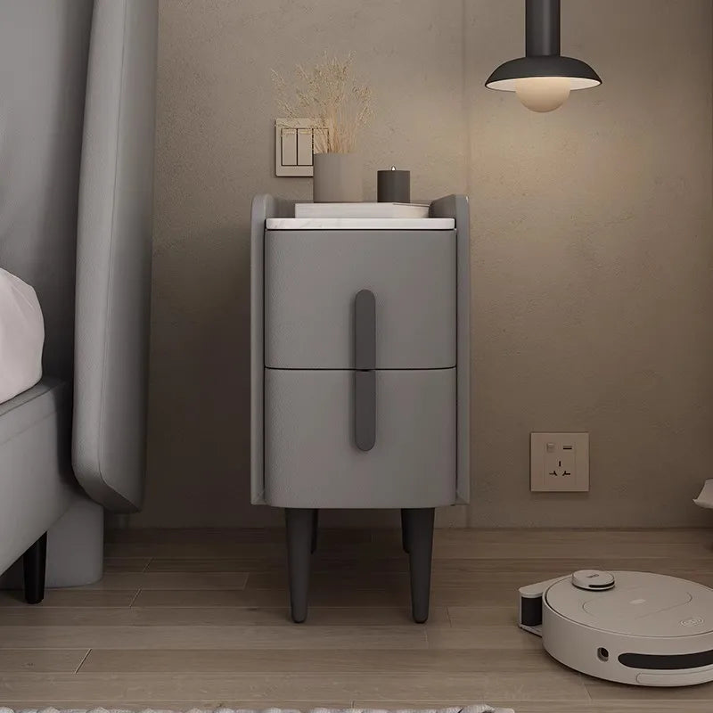 Moder Style Wooden Bedside Table Mini Narrow Leather Bedroom Nightstand Side Storage Cabinet with 2 Drawers Hotel End Table