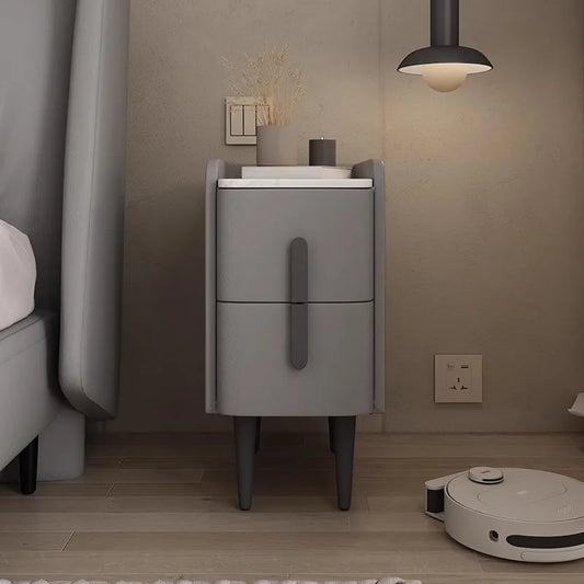 Moder Style Wooden Bedside Table Mini Narrow Leather Bedroom Nightstand Side Storage Cabinet with 2 Drawers Hotel End Table