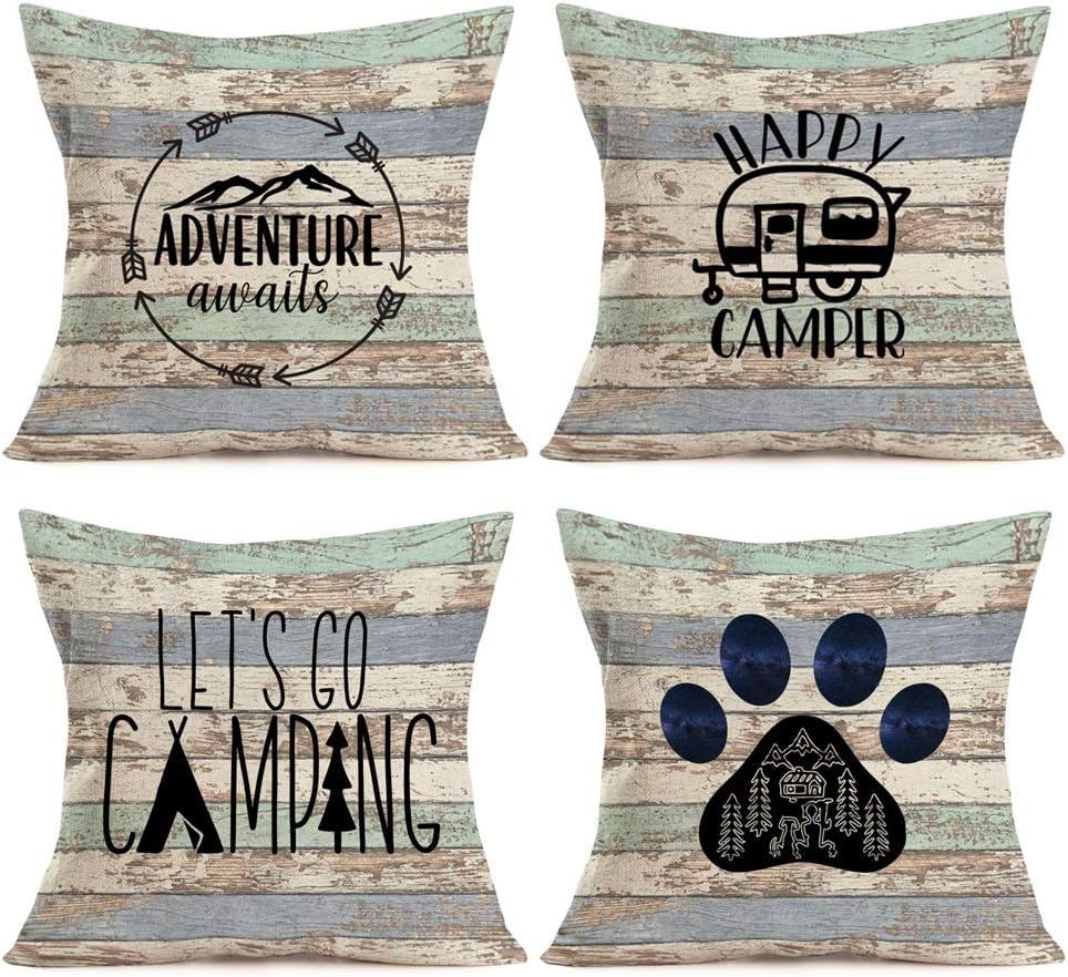Retro Wood Home Decoration Pillowcase Happy Camper Decoration Pillow Cover Linen Square Cushion Cover