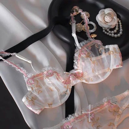 French Embroidered Lace Sheer Bra Set Women, Thin No Sponge Cups, Anti-Slip Support, Large Breasts Small Soft Comfort Wear S-xl