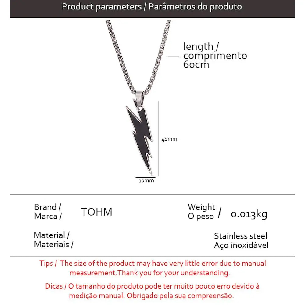TOHM Fashion Stainless Steel Lightning Pendants Necklace  Hip Hop Party Gifts Waterproof Charms Jewelry Not Fading