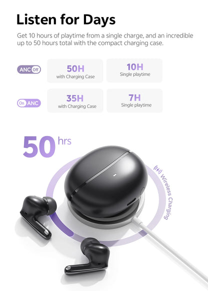 QCY MeloBuds N70 Adaptacyjne ANC Bezprzewodowe słuchawki douszne Bluetooth 6.0 LDAC Hi-Res Audio 6 mikrofonów Ładowanie bezprzewodowe Słuchawki 50 godzin IPX5